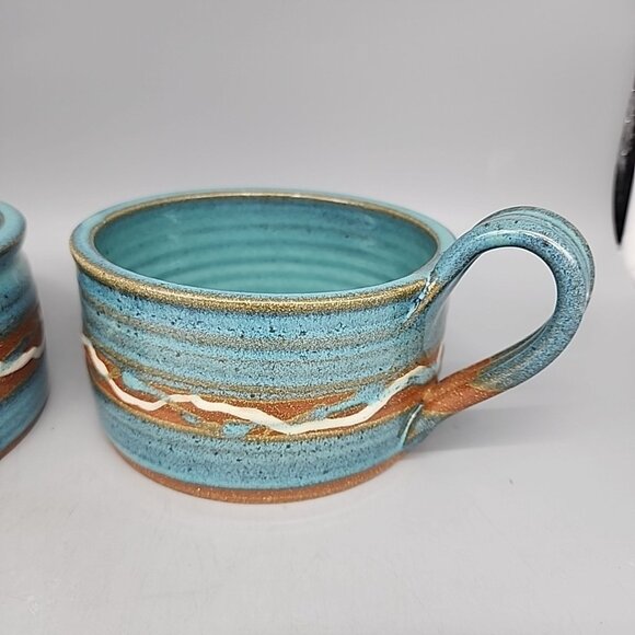 Set Of 2 Artisan Pottery Handeled Bowls Drip Glaze Teal Beige Beautiful - Picture 3 of 7